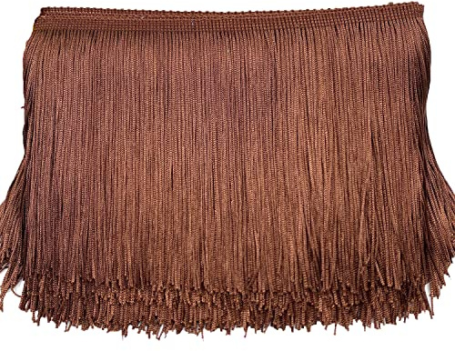 Cinta decorativa de seda con flecos y borlas, marrón, 15 cm x 3 m, para coser manualidades y decoración de ropa, lencería, disfraces y cortinas