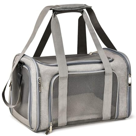 Lohofrnny Transporttasche Katze, Transporttasche für Katze Hund bis zu 5kg, Tragbar Faltbare Haustier Tragetaschen mit Schultergurt für Mittel Kleine Haustiere(Grau, 43x28x28cm)
