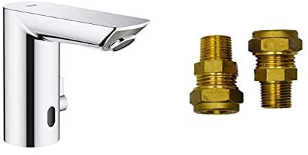 GROHE Bau Cosmopolitan E & UK Adaptors - Infrared Sensor Touchless Basin Tap with Mixing Device (Water Saving Tech., Battery Powered, 7 Pre-Set Programs, Tails 3/8 Inch), Size 123mm, Chrome, 36451000