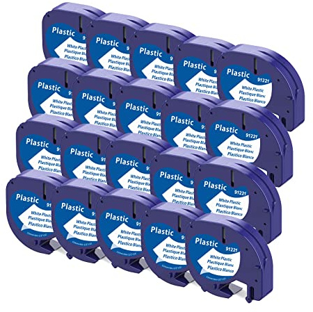 Aken 91221 Kompatibel mit Dymo Letratag Etikettenband 12mm x 4m, 20er Pack | Plastik Schwarz auf Weiß, Kompatibel mit Dymo Letratag XR LT-100H LT-100T 200B Etikettiergerät
