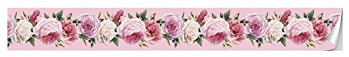 VisitRyl Bordure de papier peint Pivoine Rose - Décoration murale amovible - Frise Murale - Papier Peint Autocollant imperméable en PVC - Plinthe Autocollant - 15x300cm