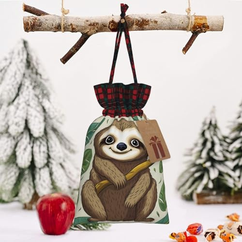 RLDOBOFE Entzückende Geschenktüte mit Faultier-Aufdruck, Weihnachts-Geschenkbeutel, wiederverwendbar, Geschenktüten mit Geschenkanhänger, Stoffsäckchen für Weihnachten, Erntedankfest, Hochzeit, Party
