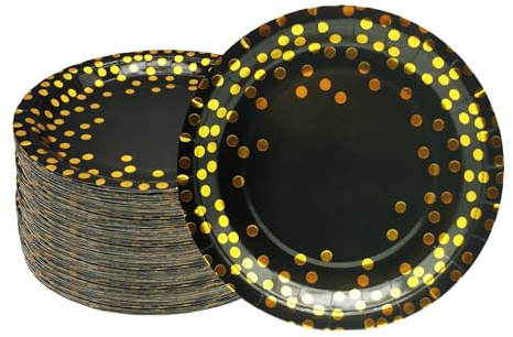 CEILIWEN Goldfarbene und schwarze Partyteller, gepunktete Pappteller, 23 cm, Party-Dekorationszubehör (100 Stück)
