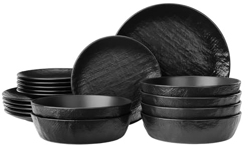 Navaris Steingut Geschirr Set 6 Personen (18 Teile) - Teller Set Geschirrset Geschirr - Tafelservice mit Suppenteller Tellerset - Kombiservice - Tafelservice 6 Personen - Anthrazit