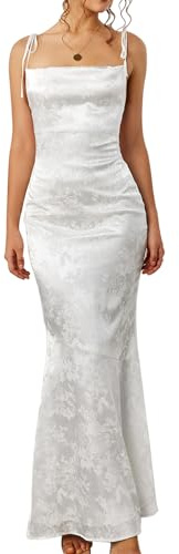 GLNEGE Women's Satin Formal Wedding Guest Maxi Dress Elegant Spaghetti Strap Lace Up Bodycon Evening Cocktail Prom Dresses White