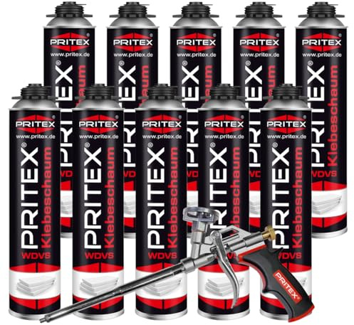 PRITEX WDVS Klebeschaum Set, 10x 750ml Dämmstoffkleber inkl. Pistole
