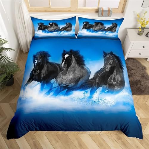 Bettwäsche Set Bettbezug 140x200 Weich Bequem Atmungsaktiv Hypoallergen Mikrofaser Bettbezüge und 2 Kissenbezug, für Teenager-Schlafzimmer-Dekor（Pferd Blau