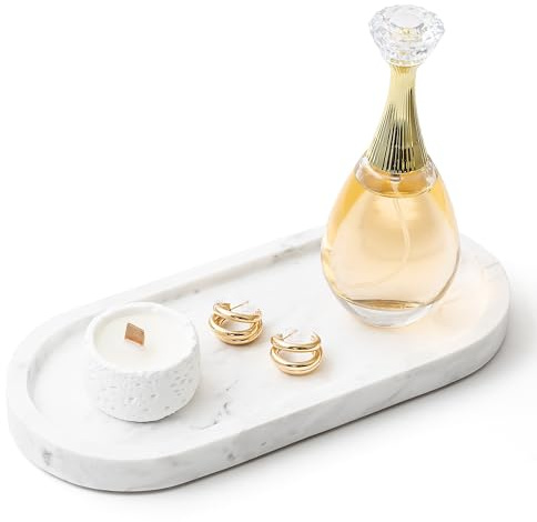 WORHE Natural Marble Vanity Tray Italy Oval Stone Trays,Matte Surface White | for Candles Perfume, Decorative Jewelry Dish for Small Items, Countertop Storage Organizer for Home Bathroom Kitchen (BH101)
