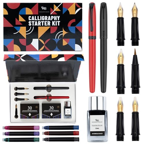 Wordsworth och svart kalligrafi pennset – svart – inkluderar 2 kalligrafipennor, 18 ml bläckflaska, 60 bläckpatroner, bläckpåfyllningsomvandlare, 1 medium och 4 breda spetsar, penselpenna