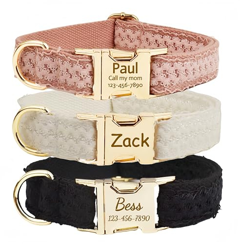 Hundehalsband personalisiert mit Namen, Spitzen Halsband Hund mit Telefonnummer Gravur, Elegantes Hundehalsband mit D-Ring und Metallschnalle, Verstellbares Halsband für kleine große Hunde