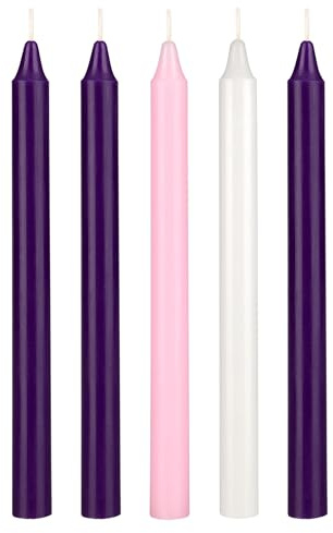 Mega Candles 5 pcs Unscented Christmas Advent Candles Set, Hand Poured Premium Wax Straight Taper Candle 10 Inch x 7/8 Inch, Holidays, Festivities, Devotional, Church, Wreath, Party, Gifts
