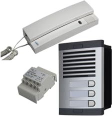 Kit Citofonico - 2 Fili, Installazione Facile, per Condomini fino a 3 Abitazioni, Completo di Pulsantiera, Scatola, Alimentatore DIN 12Vac/1A e 3 Cornette