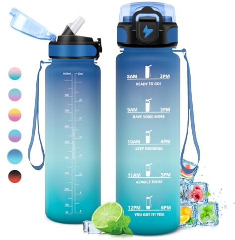 KollyKolla Borraccia 500ml/1L/1.5L, Palestra a Prova di Perdite, Motivazionale con Cannuccia, Bottiglia d'acqua Sportiva con Indicatore del Tempo,per Adulto, Viaggio, Sport, Scuola