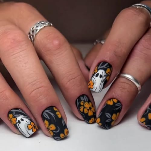 Caiguor 24 calabazas telarañas Halloween falsamente Henna oscura manicura corta para mujeres y niñas