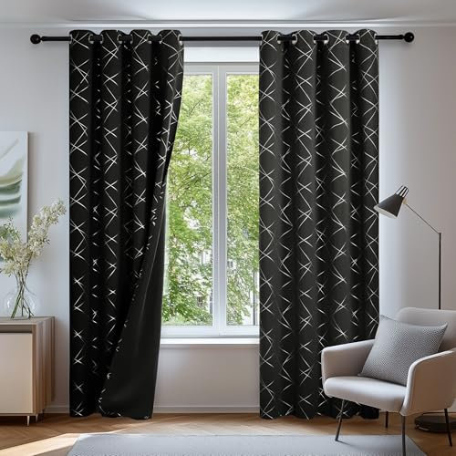 Deconovo Lot de 2 Rideaux Occultants Thermiques à Œillets - Rideaux Courts Isolants Anti-Froid en Tissu Argenté à Lignes Diagonales, pour Chambre et Salon 140×175CM Noir