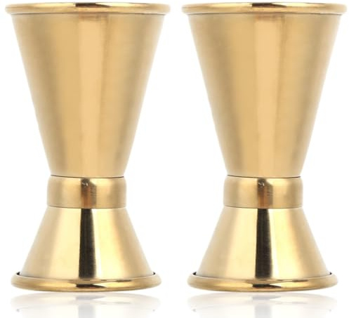 Jigger de cóctel dorado de 2 uds, taza medidora de doble licor, vasos medidores de chupito de acero inoxidable para medida de chupito de cóctel de Bar ((borde rizado dorado) tamaño pequeño)