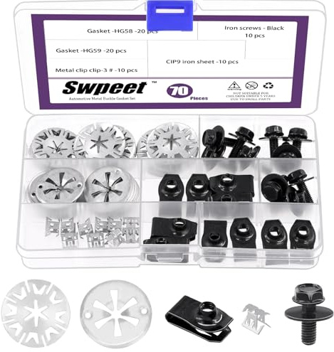 Swpeet 70Pcs Exhaust Heat Shield Clips Metal Locking Star Washers with Auto Car U-Clip and Screws Assortment Kit, Stainless Steel Clamping Discs Heat Protector for Auto Under the Hood