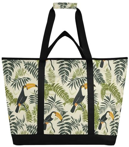 Tucán pájaros en hojas de helecho, bolsa térmica aislada, bolsas reutilizables para comestibles con cremallera, bolsa térmica grande portátil para viajes o camping