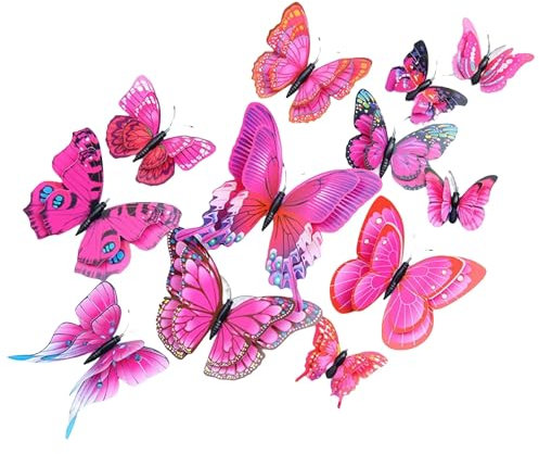 TINA.WIN 3D Schmetterlinge Dekoration Set，12 StüCk Bastel-Schmetterlingen，FüR Hochzeit，Party，Heimdekoration，KüNstliche，Weihnachten，Blumen FrüHlingsdekoration(Rosa)