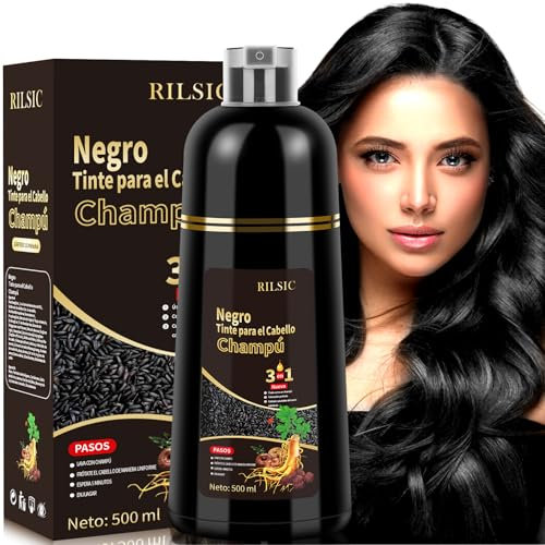 RILSIC 500 ml Black Hair Dye Shampoo 3 in 1, Shampoo Colorante Istantaneo per Copertura Capelli Bianchi, Naturale, Copre il 100% dei Capelli Bianchi per Donna Uomo (Nero)