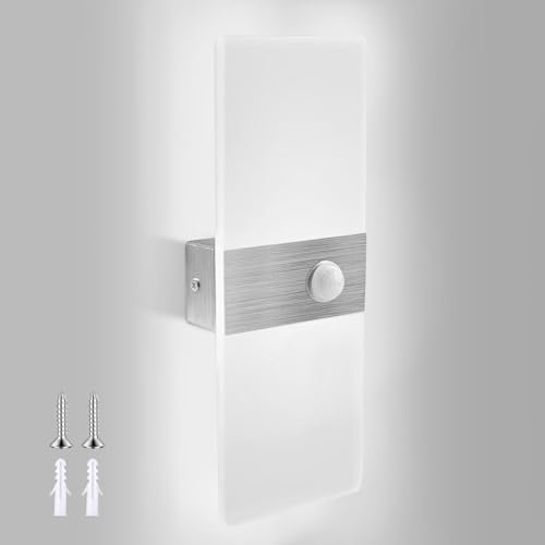 JaneYi Applique da Interno con Sensore di Movimento Lampada da Parete LED 12W Bianco Freddo 6000K Illuminazione Moderna in Acrilico per Scala Ingresso Corridoio Balcone Garage Armadio