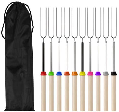 10 Pcs Extendable Marshmallow Toasting Forks Kit, 12.2-31.9 Inch Telescopic Smores Sticks, Stainless Steel BBQ Campfire Roasting Accessories for Fire Pit BBQ Camping Accessori