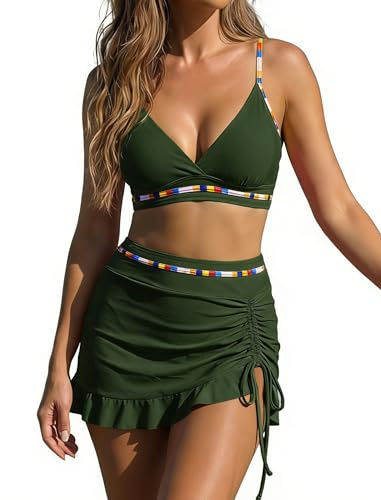 OUSIMEN Bikiniset för kvinnor badkläder med hög midja V-ringad, tvådelad baddräkt med färgblock, dragsko, tankini