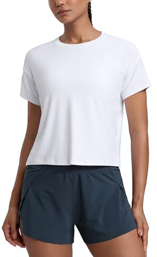CRZ YOGA Cloudweight High Neck Workout Tops for Women Basic Athletic Lightweight Short Sleeve Shirts Loose Running T-Shirt White Small