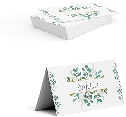 Tischkarten selbst gestalten für Hochzeit, Geburtstag – personalisiert mit Namen des Brautpaares, Datum – Vorderseite zum Beschriften – ab 50 Stück (EUKALYPTUS)