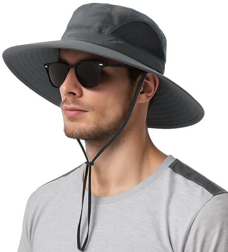 J.Fée Unisex Sun Hats for Men Women's Sun Hats UPF50+ Wide Brim Foldable Waterproof with Chin Strap, Summer Hat for Fishsing Hiking Walking Gardening, 55-60CM, Dark Grey