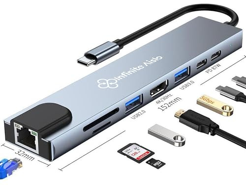 8-in-1 Multiport Adapter mit HDMI 4K, RJ45 Ethernet, USB 3.0 & 2.0, 2×USB-C, SD/TF Kartenleser – Kompakte Dockingstation für Laptop, Tablet & Smartphone