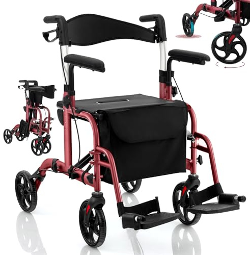 RELAX4LIFE Déambulateur 4 Roues Pliable Léger, Déambulateur Extérieur avec Siège, Accoudoirs, Repose-Pieds, Hauteur 85-96 CM, Frein à Main, Porte-Parapluie, Rollator Pliable pour Adulte (Rouge)
