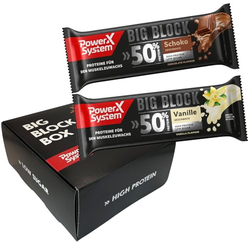 Power System Big Block Proteinriegel Mix Box Vanille Schoko 12 x 100g | je 6 Riegel mit 50 % Eiweiß und wenig Zucker, für den Muskelaufbau, Maxi-Portion