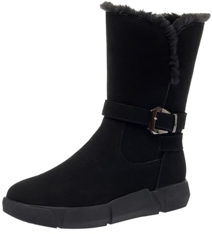 Mid Calf Snow Boots for Women Winter Warm Fur Lined Boots Ladies Wide Fit Suede Slip on Shoes Comfortable Thermal Pull on Booties with Buckle Strap Wide Calf Walking Boot for Fall and Winter Black