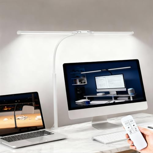 Lampe de Bureau LED à Pince, Lampe de Bureau Puissante Double Tête 1200LM, Lampe Architecte Col de Cygne Flexible avec Télécommande, 10 Niveaux de Luminosité, 5 Modes Couleur, Lampe PC (Blanc)