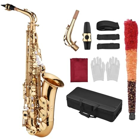 Eb-Altsaxophon, E-flaches Saxophon mit exquisitem geschnitztem Messingkörper und Kunststoff-Mundstück, inklusive Handschuhen, Reinigungstuch, Bürste und Riemen