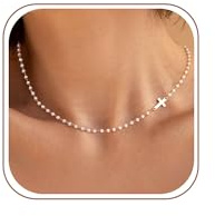 Tewiky Perlen Kreuz Halskette Damen, 14K vergoldete Paperclip Kette | Perlen-Kreuz Halskette mit Paperclip-Gliedern, Zart & Wasserfest, Idealer Alltagsgoldschmuck, Geschenk für Frauen & Mädchen