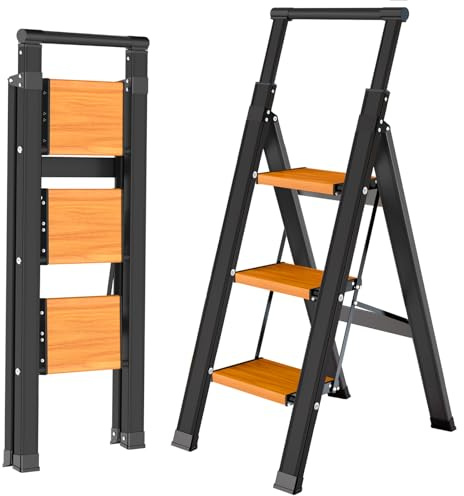 KULACO Escalera Plegable de 3 peldaños con barandilla, de Aluminio Antideslizante y Extra Ancha, Ligera hasta 150 kg, en Negro e imitación Madera para Cocina, hogar y Garaje