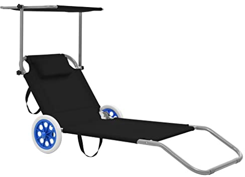 Mandloder Klappbare Sonnenliege mit verstellbarem Sonnenschutz und Rädern, robuster Stahlrahmen, 120 kg Tragkraft, Schwarz, ideal für Garten, Strand und Terrasse
