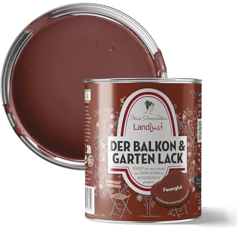MissPompadour Balkon & Garten Außenlack Feuerglut Rot 1 L | Wasserbasiert, seidenmatt, Holzlack mit UV Schutz, für Holz, Metall, Hart PVC, Fliesen und steinartige Untergründe