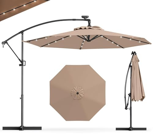 GOPLUS Parasol Déporté 3x3M, Grand Parasol de Jardin Extérieur avec 40 LED Solaires, 8 Baleines, Tissu Protection Solaire, Toile Inclinable 35°, pour Patio Terrasse Marché (Marron)