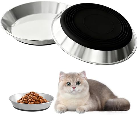 Edelstål kattskålar, 2 st kattskålar mot skäggtrötthet, matskål för katt, halkfria kattfat, metall katt, skäggvänliga kattskålar för våt och torr foder