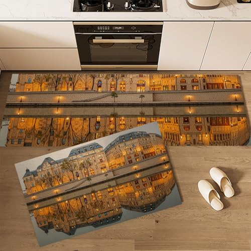 Conjuntos de Alfombras de Cocina, Paisaje Realista Reflexiones Arquitectónicas, 2 Piezas Alfombra Antideslizante Lavable para Baño/Cocina, Alfombra para Piso Que Atrapa el Agua, 40x60cm+40x120cm