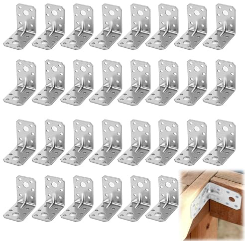 30PCS Heavy Duty Angle Brackets, 53x53x35mm Galvanised L Brackets Wood 2mm Thick Metal Corner Brackets Reinforced Ribbed Right Angle Brackets for Wooden Shelves, Furniture & DIY Use