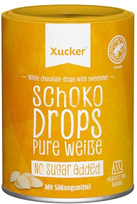 Xucker Schoko Drops weiße Schokolade - Schokolade mit Xylit Zuckerersatz I Weiße Chocolate Drops I Zuckerreduzierte Süßigkeiten zum Backen (200g / min. 35% Kakaoanteil)