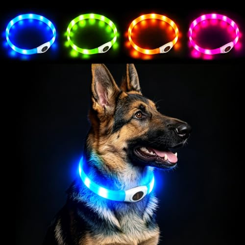 LaRoo LED Hundehalsband USB Wiederaufladbares - Nacht-Sicherheits Super Helle, Wasserdichtes Silikon, Verstellbar für Mittel/Große & Langhaarige Hunde ideal für Spaziergänge im Dunkeln(Blau, 65CM)