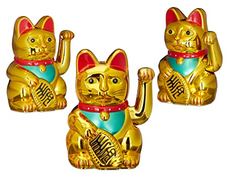 Relaxdays 3er Set Maneki Neko Winkekatze Gold, Glückskatze groß, winkende Katze China, Glücksbringer Figur, HxBxT: 16 x 10 x 8 cm