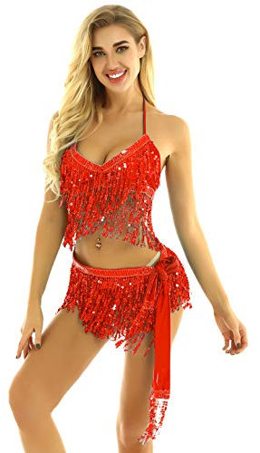 ranrann Damen Glänzende Bauchtanz Latein Rumba Kostüm Pailletten Fransen BH Top mit Hüfttuch Wickelrock Tanzbekleidung für Auftritt Performance Rot One Size