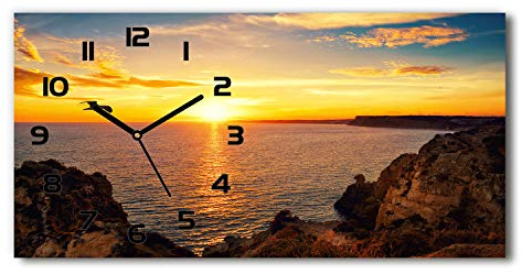 Tulup Wanduhr aus Glas 60x30 cm Glas Uhr Bild Glasuhr Gehärtetes Glas Küchenuhren - Schwarze Zeiger - Sonnenuntergang Meer