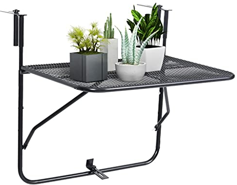 Wakects Table Suspendue pour Balcon Exterieur - 60 x 40 cm - Table de Pont Pliante - Résistante aux intempéries - Noire - Table de Balcon Rabattable Petite en Acier - Design grillagé - pour extérieur